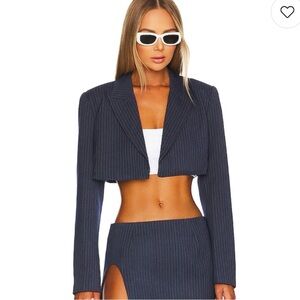 BY.DYLN Zayne Cropped Blazer in Navy Pinstripe